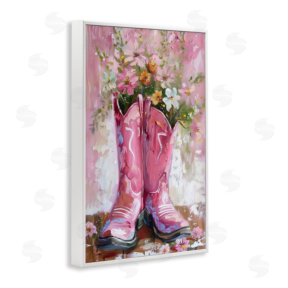 LSR Design Studio Floral Boots Pink Cowgirl White Framed Giclee Wall Art Print