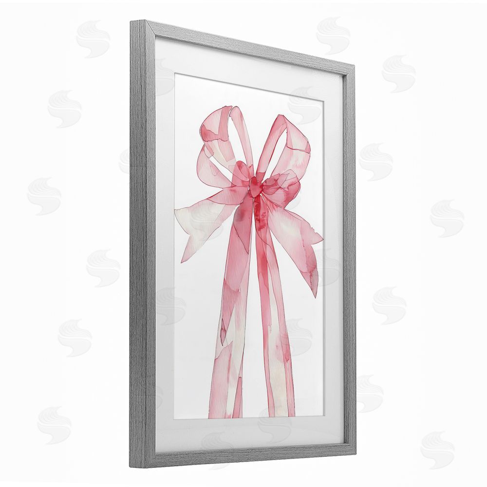 LSR Design Studio Watercolor Pink Bow Illustration Gray Framed Print Under Glass with White Mat Wall Art