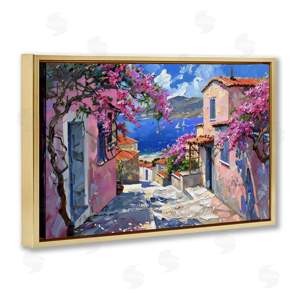 LSR Design Studio Blossom Village Coastal Architecture Gold Floating Frame Canvas Wall Art Print
