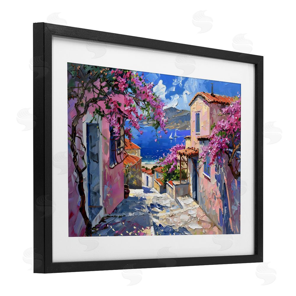 LSR Design Studio Blossom Village Coastal Architecture Black Framed Print Under Glass with White Mat Wall Art