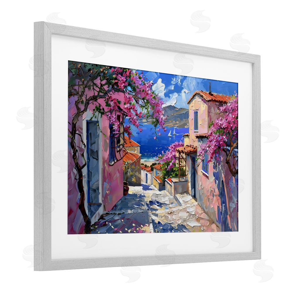 LSR Design Studio Blossom Village Coastal Architecture Gray Framed Print Under Glass with White Mat Wall Art