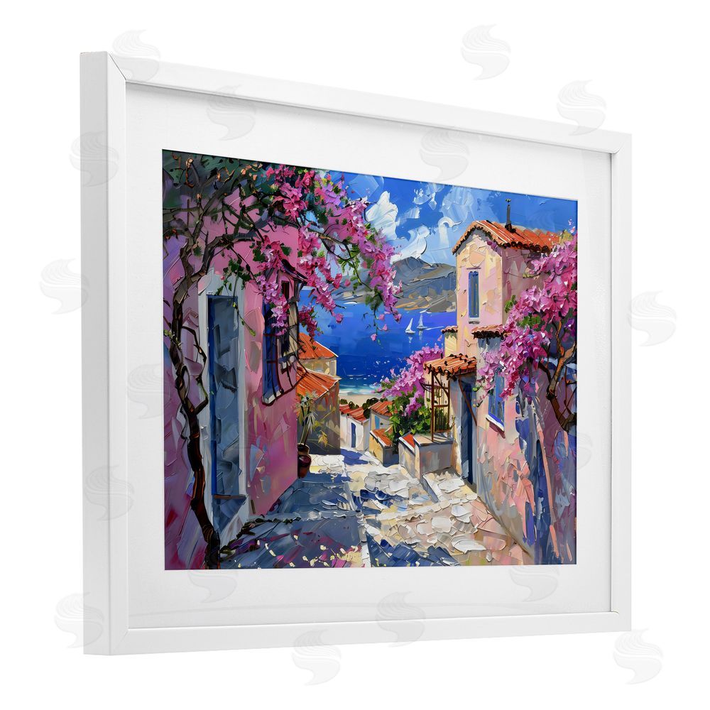 LSR Design Studio Blossom Village Coastal Architecture White Framed Print Under Glass with Mat Wall Art