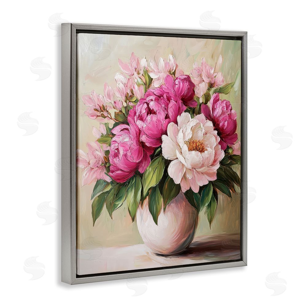 Petal Prints Design Vibrant Pink Floral Bouquet Gray Floating Frame Canvas Wall Art Print