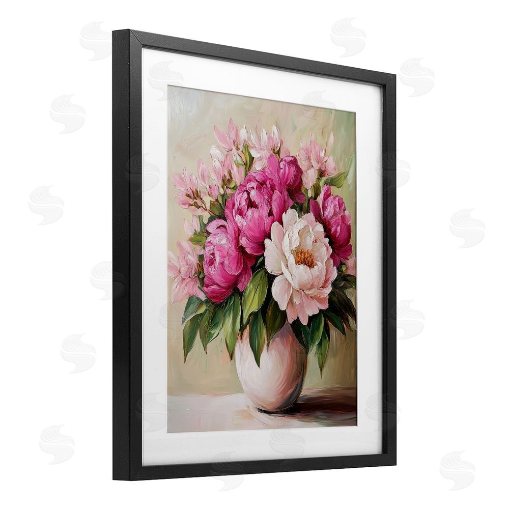 Petal Prints Design Vibrant Pink Floral Bouquet Black Framed Print Under Glass with White Mat Wall Art