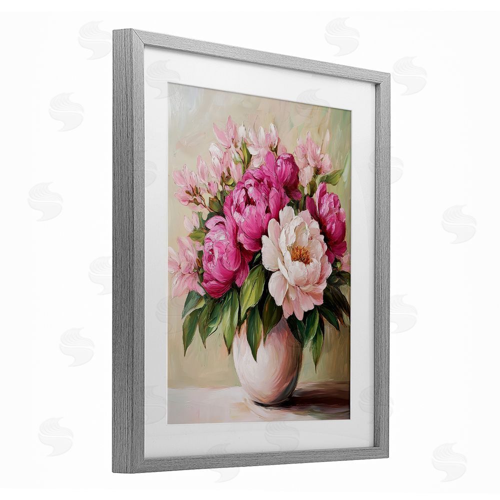 Petal Prints Design Vibrant Pink Floral Bouquet Gray Framed Print Under Glass with White Mat Wall Art
