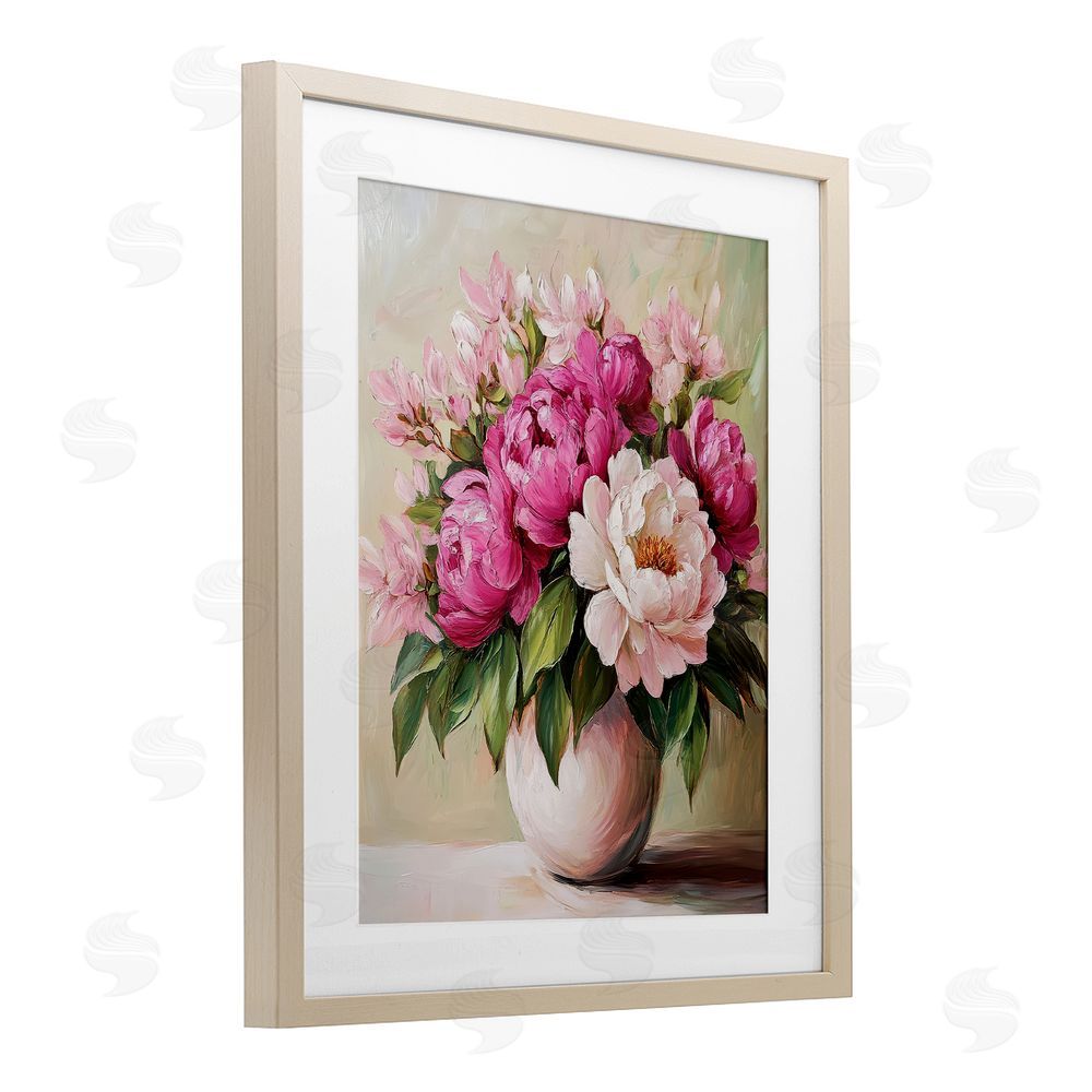 Petal Prints Design Vibrant Pink Floral Bouquet Birch Framed Print Under Glass with White Mat Wall Art