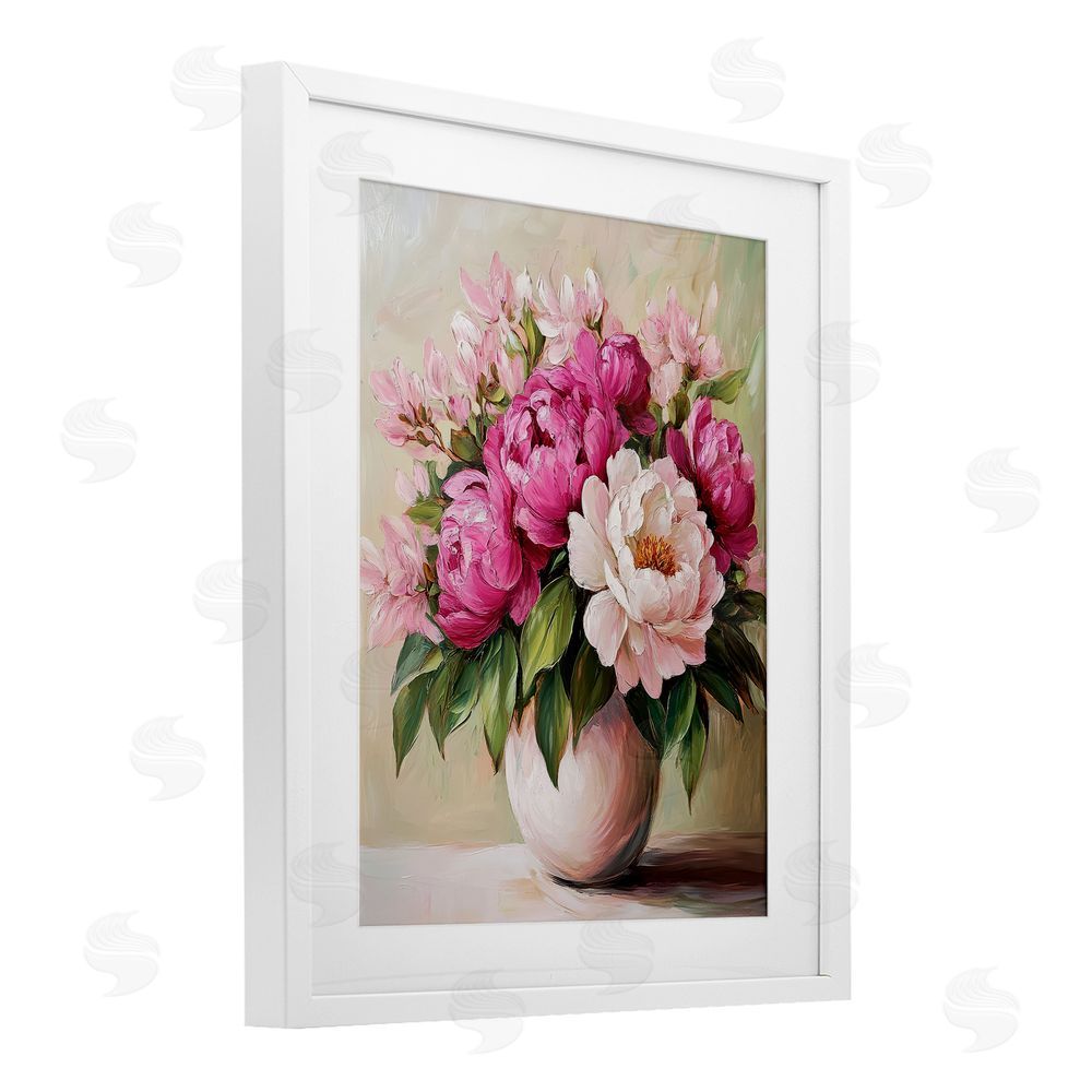 Petal Prints Design Vibrant Pink Floral Bouquet White Framed Print Under Glass with Mat Wall Art
