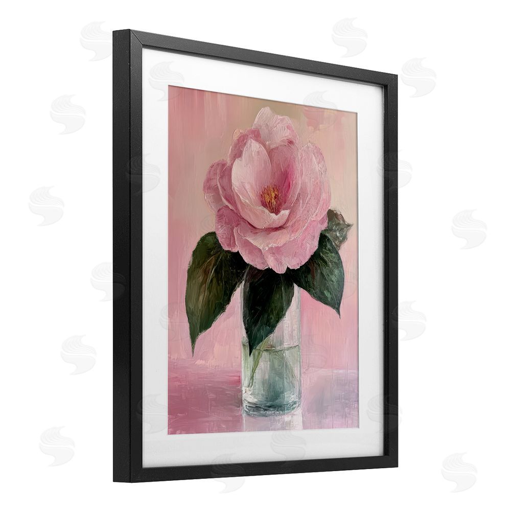 Petal Prints Design Coral Flower Pink Blossom Black Framed Print Under Glass with White Mat Wall Art