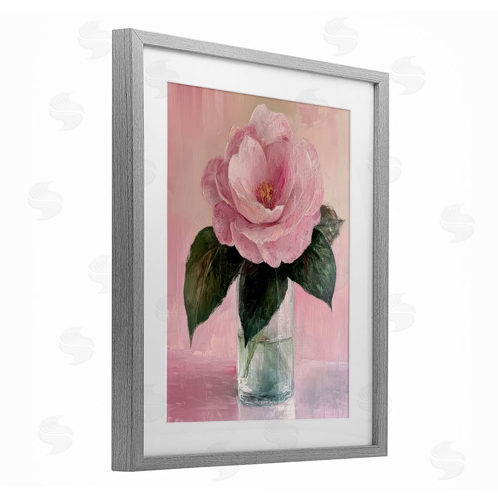 Petal Prints Design Coral Flower Pink Blossom Gray Framed Print Under Glass with White Mat Wall Art