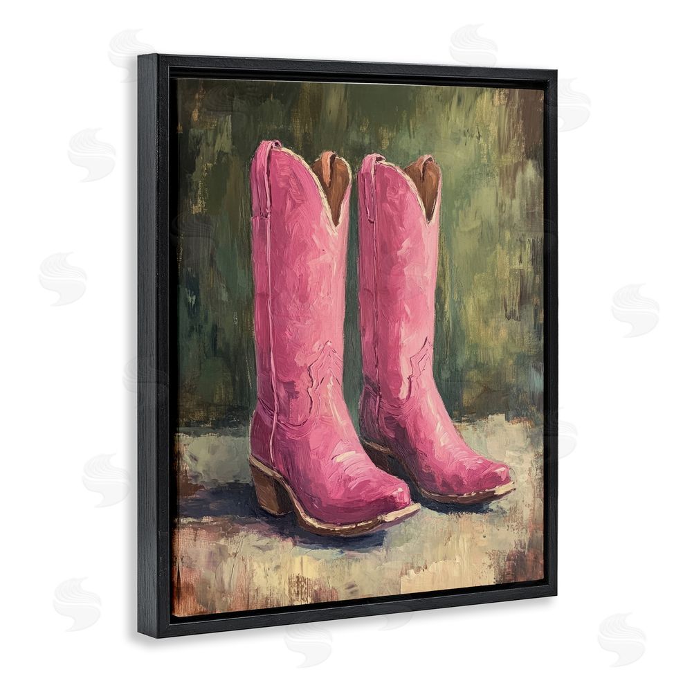 Petal Prints Design Distressed Pink Cowgirl Boots Black Floating Frame Canvas Wall Art Print