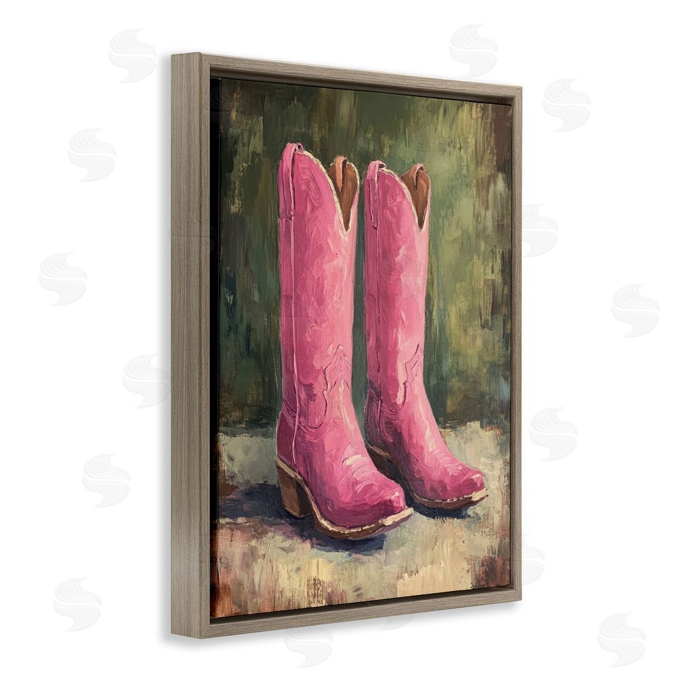 Petal Prints Design Distressed Pink Cowgirl Boots Brown Floating Frame Canvas Wall Art Print