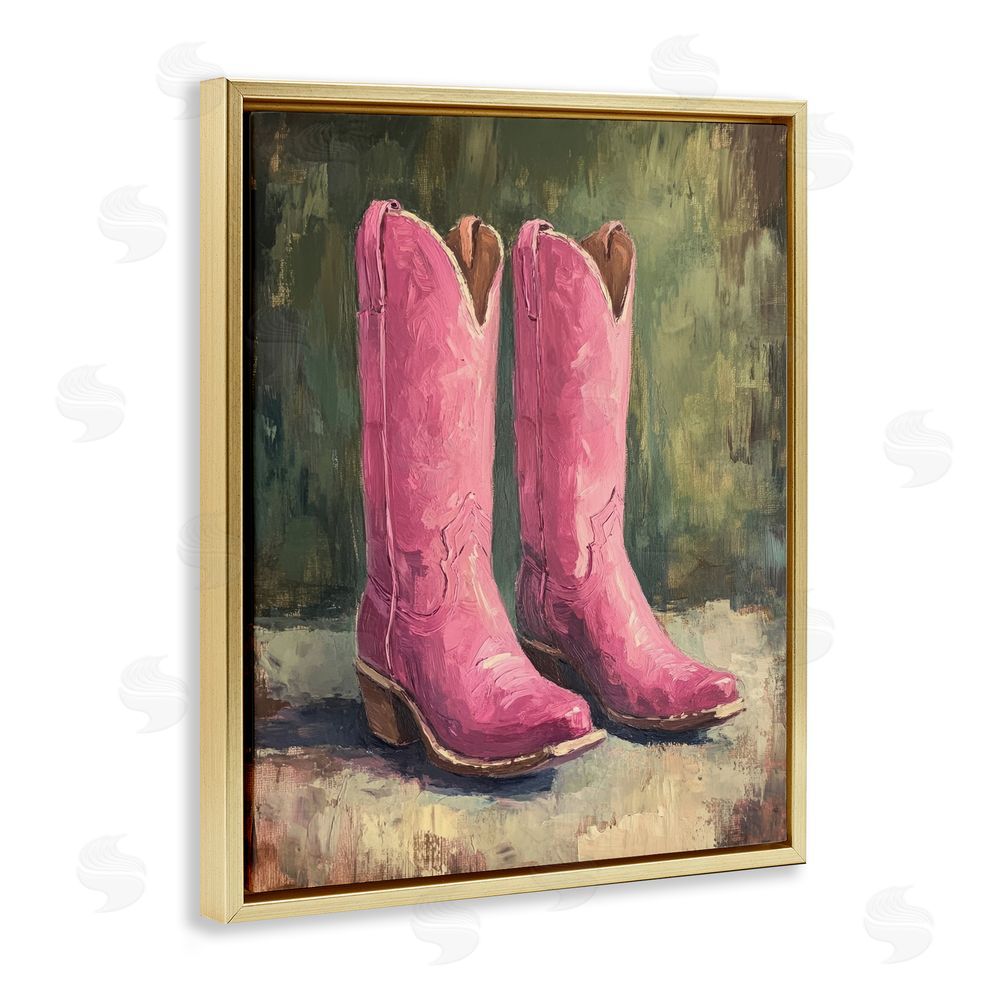 Petal Prints Design Distressed Pink Cowgirl Boots Gold Floating Frame Canvas Wall Art Print
