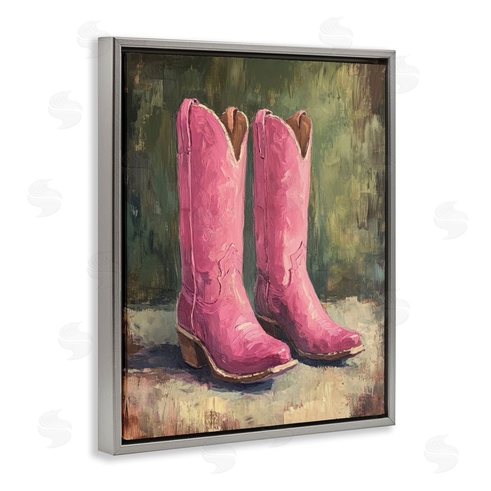 Petal Prints Design Distressed Pink Cowgirl Boots Gray Floating Frame Canvas Wall Art Print