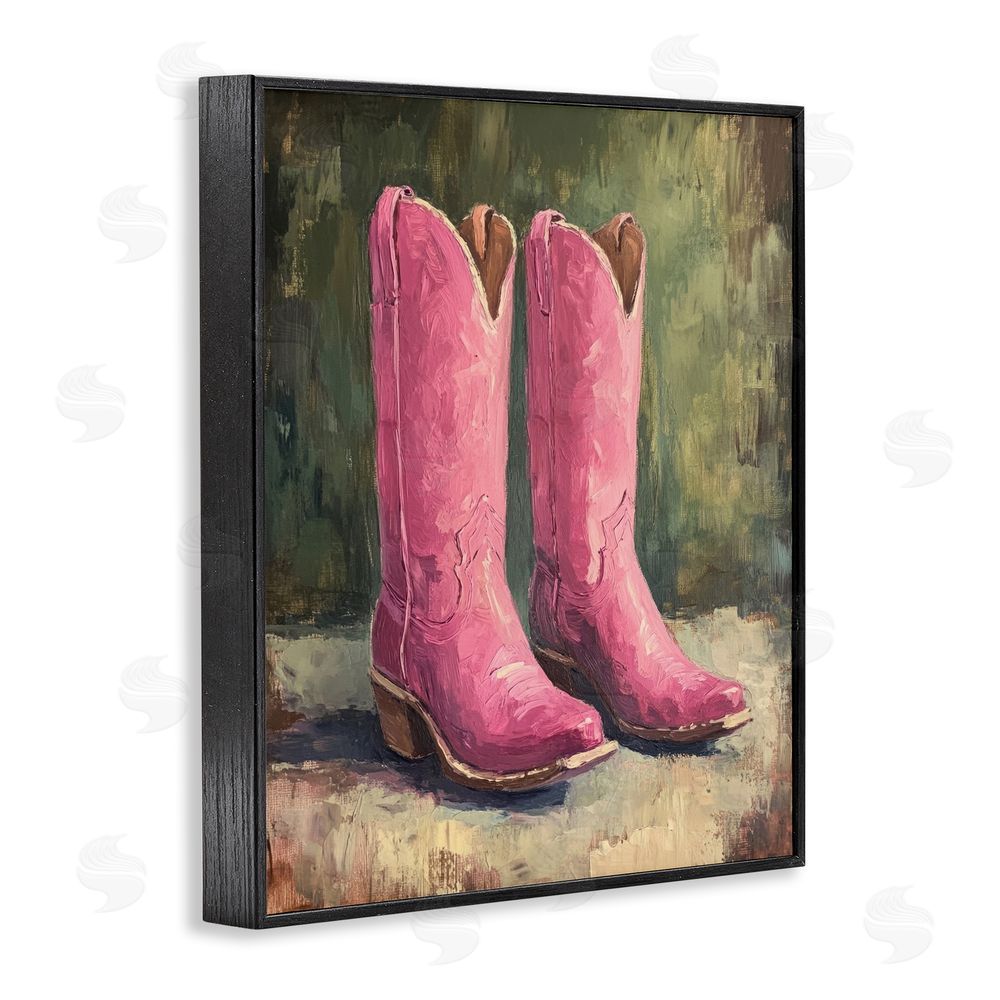 Petal Prints Design Distressed Pink Cowgirl Boots Black Framed Giclee Wall Art Print