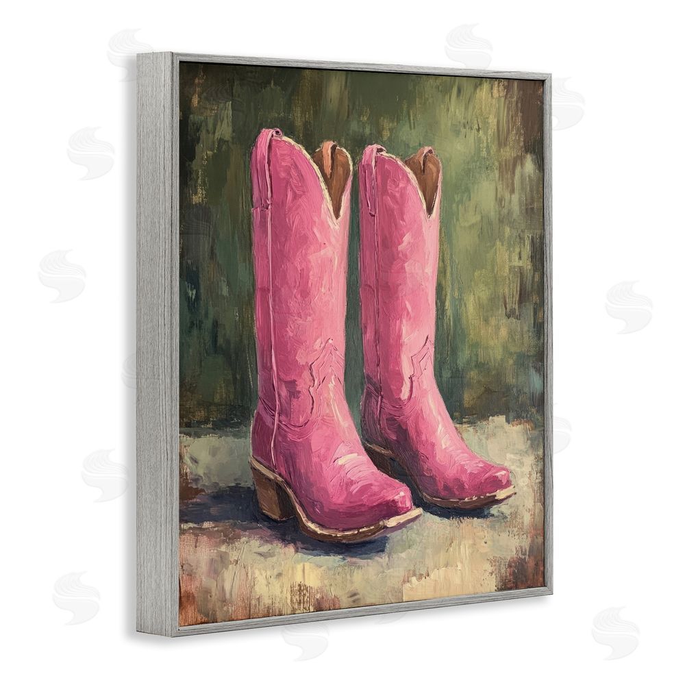 Petal Prints Design Distressed Pink Cowgirl Boots Gray Framed Giclee Wall Art Print