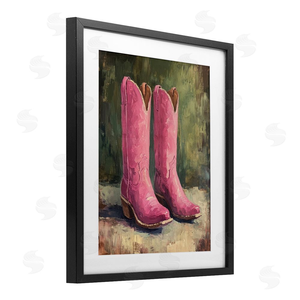 Petal Prints Design Distressed Pink Cowgirl Boots Black Framed Print Under Glass with White Mat Wall Art
