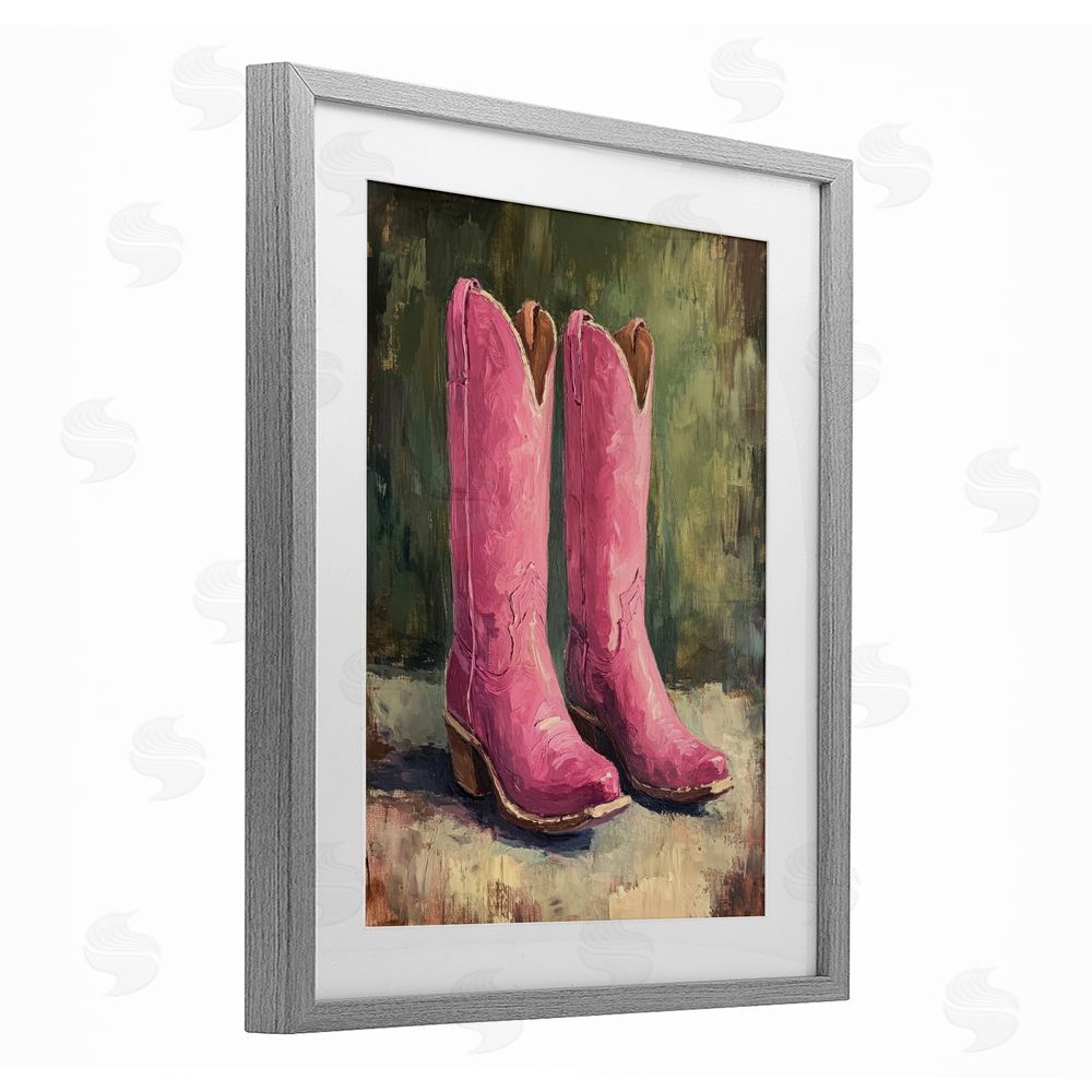 Petal Prints Design Distressed Pink Cowgirl Boots Gray Framed Print Under Glass with White Mat Wall Art