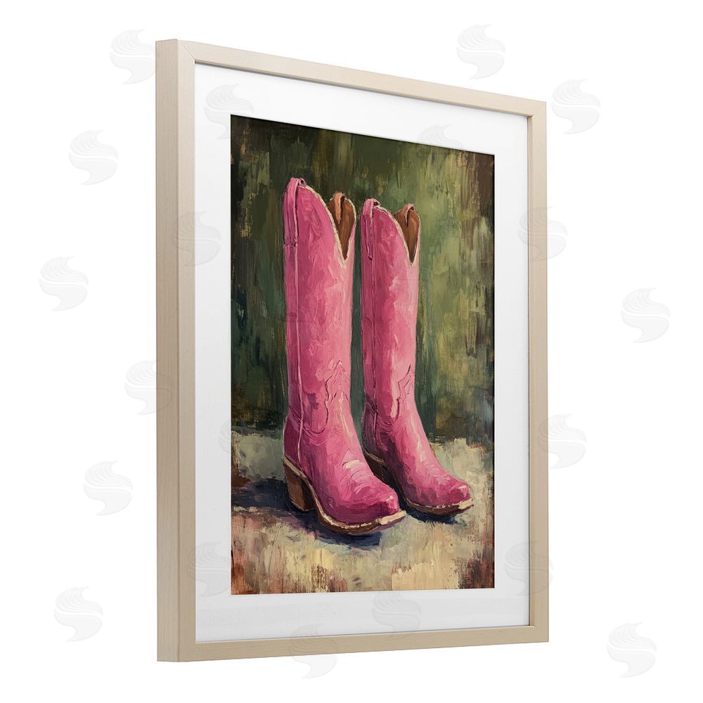 Petal Prints Design Distressed Pink Cowgirl Boots Birch Framed Print Under Glass with White Mat Wall Art