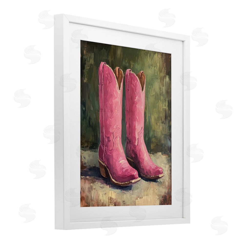 Petal Prints Design Distressed Pink Cowgirl Boots White Framed Print Under Glass with Mat Wall Art