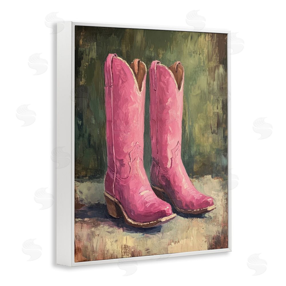 Petal Prints Design Distressed Pink Cowgirl Boots White Framed Giclee Wall Art Print