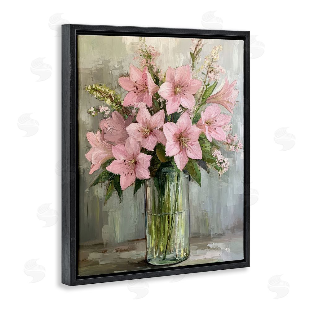 Petal Prints Design Pink Lily Floral Display Black Floating Frame Canvas Wall Art Print