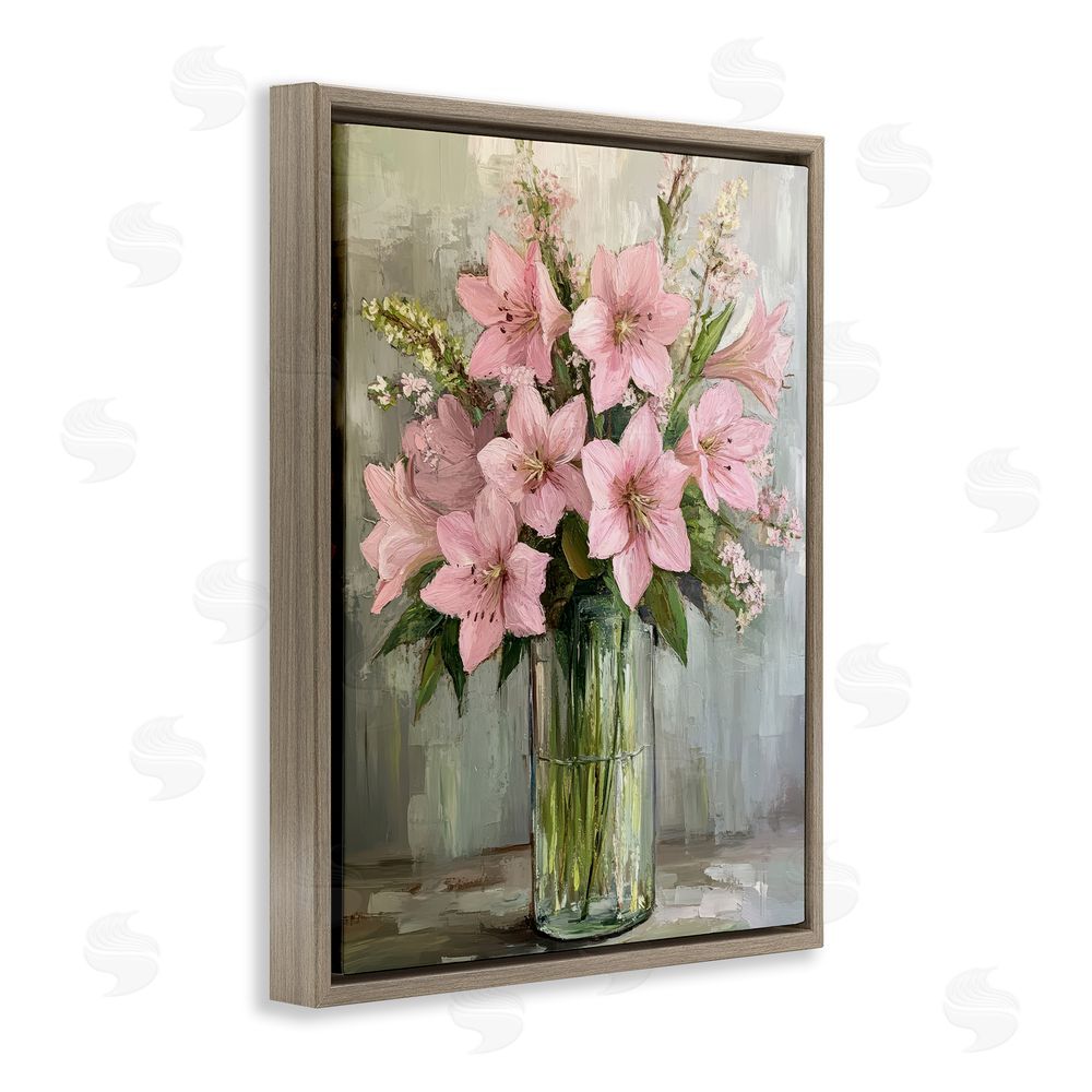 Petal Prints Design Pink Lily Floral Display Brown Floating Frame Canvas Wall Art Print