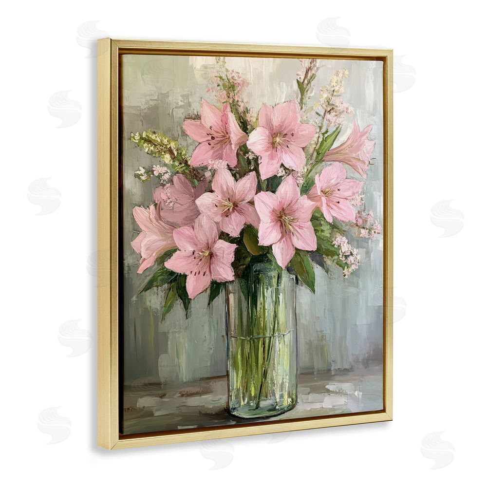 Petal Prints Design Pink Lily Floral Display Gold Floating Frame Canvas Wall Art Print