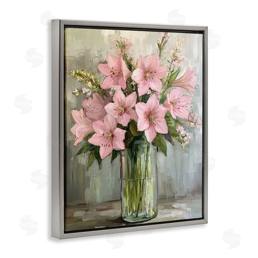 Petal Prints Design Pink Lily Floral Display Gray Floating Frame Canvas Wall Art Print