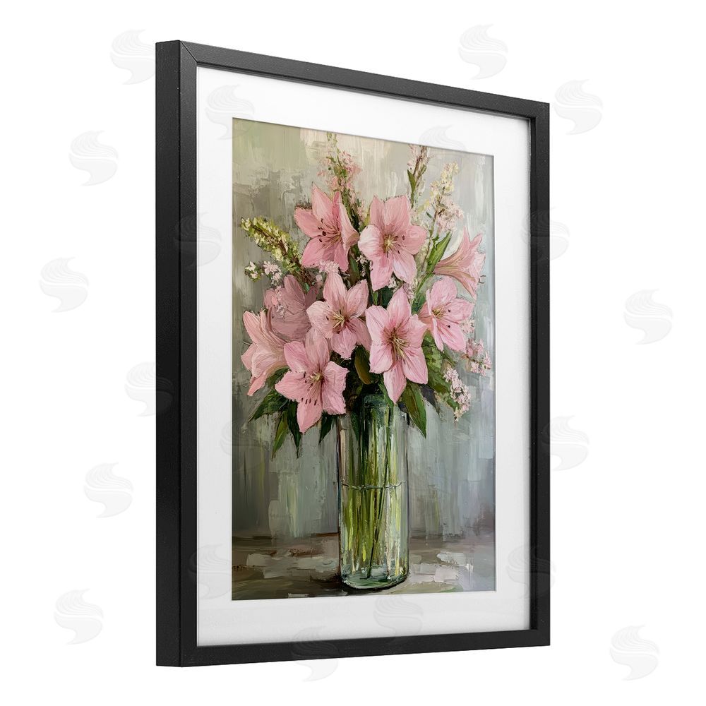Petal Prints Design Pink Lily Floral Display Black Framed Print Under Glass with White Mat Wall Art