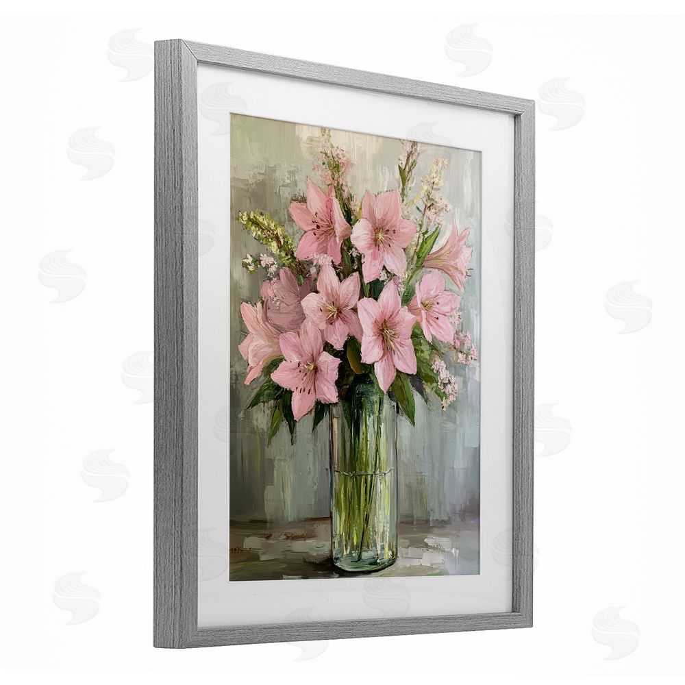 Petal Prints Design Pink Lily Floral Display Gray Framed Print Under Glass with White Mat Wall Art