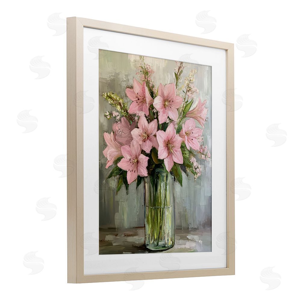 Petal Prints Design Pink Lily Floral Display Birch Framed Print Under Glass with White Mat Wall Art