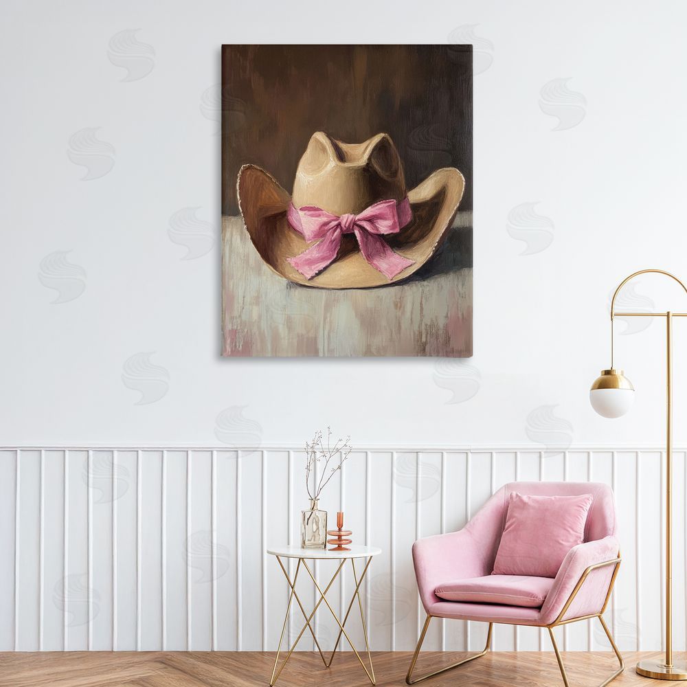 Petal Prints Design Cowgirl Hat with Pink Bow Canvas Art on Wall