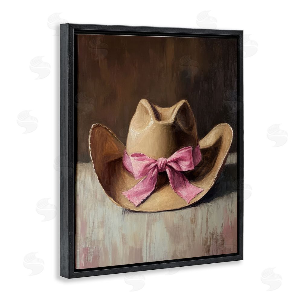 Petal Prints Design Cowgirl Hat with Pink Bow Black Floating Frame Canvas Wall Art Print