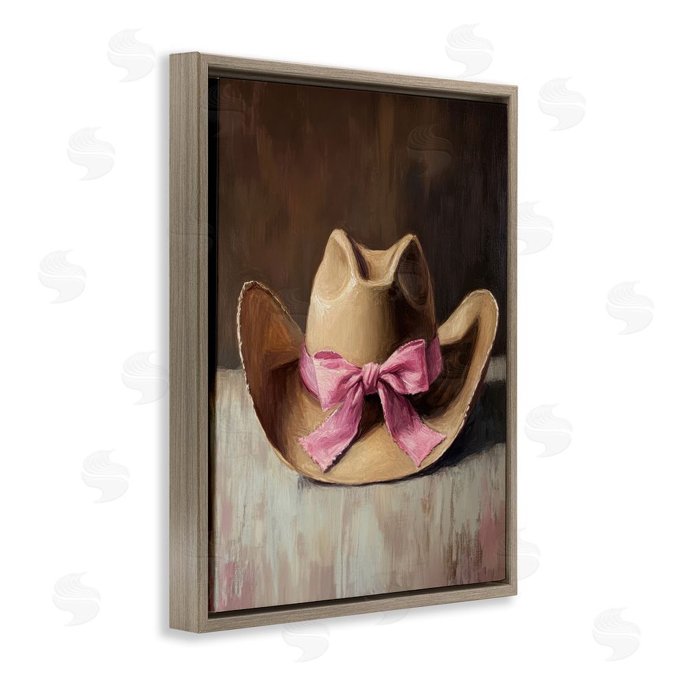 Petal Prints Design Cowgirl Hat with Pink Bow Brown Floating Frame Canvas Wall Art Print