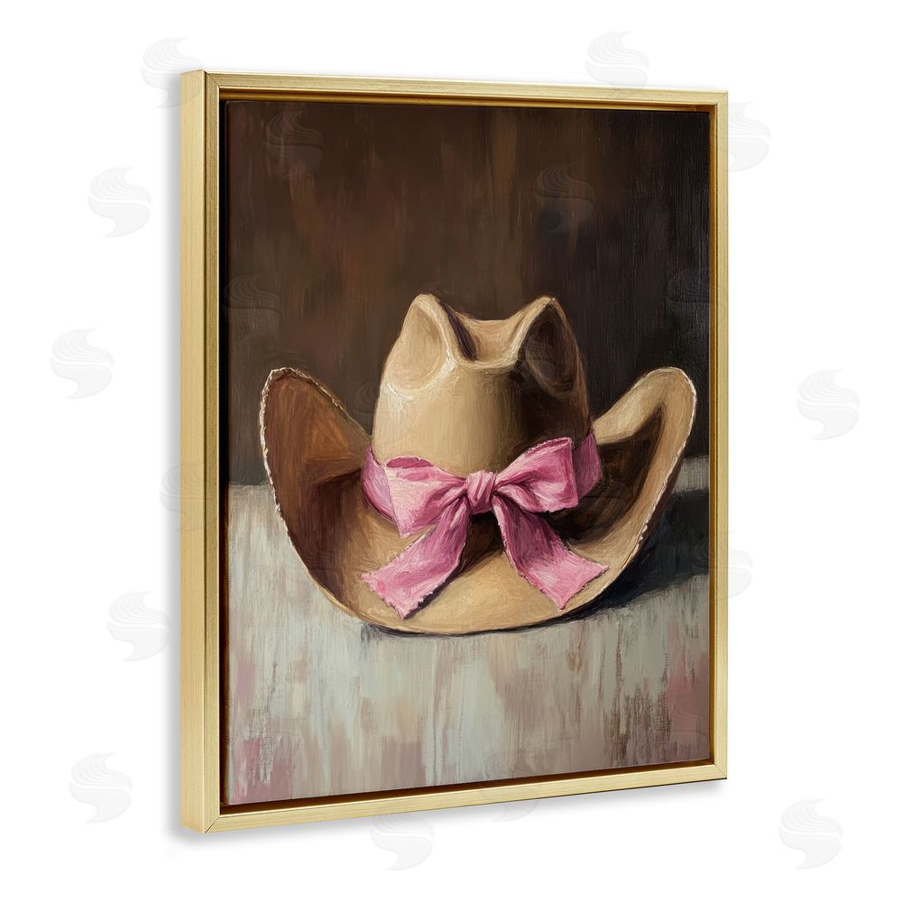 Petal Prints Design Cowgirl Hat with Pink Bow Gold Floating Frame Canvas Wall Art Print