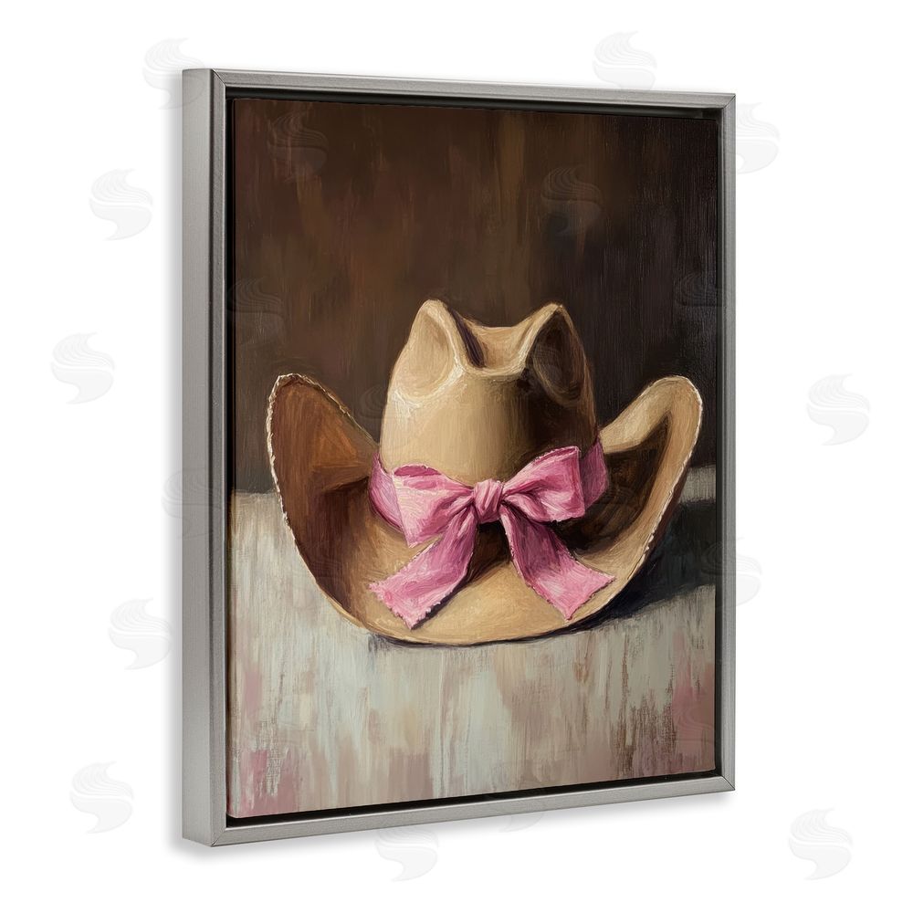 Petal Prints Design Cowgirl Hat with Pink Bow Gray Floating Frame Canvas Wall Art Print