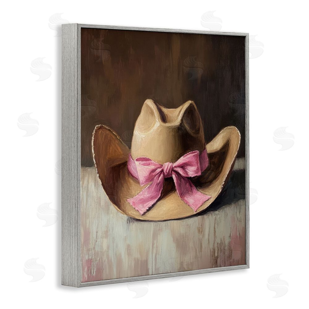 Petal Prints Design Cowgirl Hat with Pink Bow Gray Framed Giclee Wall Art Print