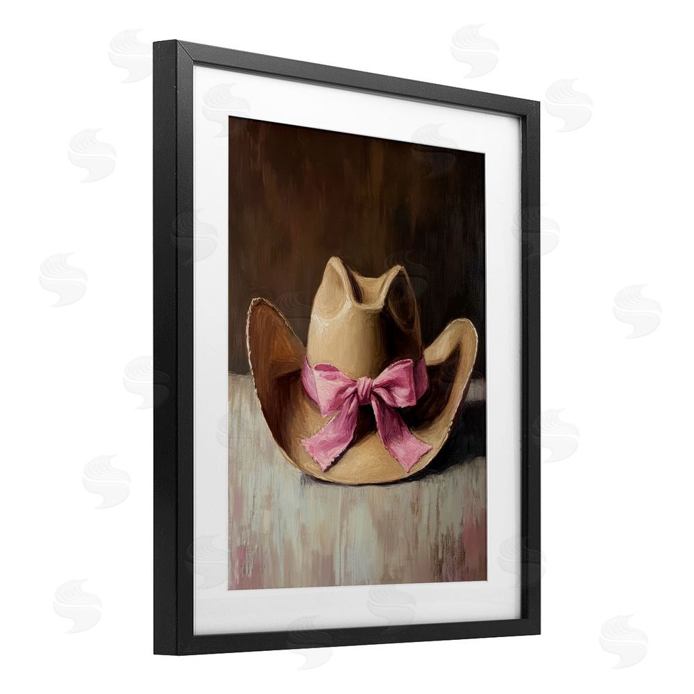Petal Prints Design Cowgirl Hat with Pink Bow Black Framed Print Under Glass with White Mat Wall Art