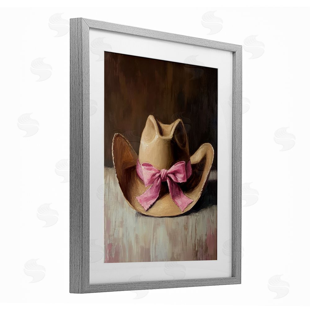 Petal Prints Design Cowgirl Hat with Pink Bow Gray Framed Print Under Glass with White Mat Wall Art