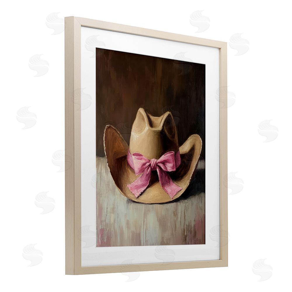 Petal Prints Design Cowgirl Hat with Pink Bow Birch Framed Print Under Glass with White Mat Wall Art