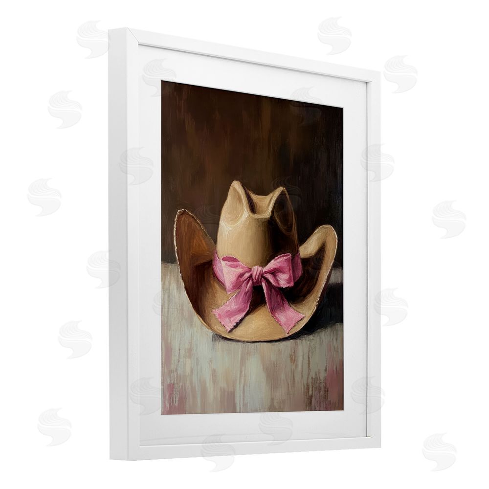 Petal Prints Design Cowgirl Hat with Pink Bow White Framed Print Under Glass with Mat Wall Art