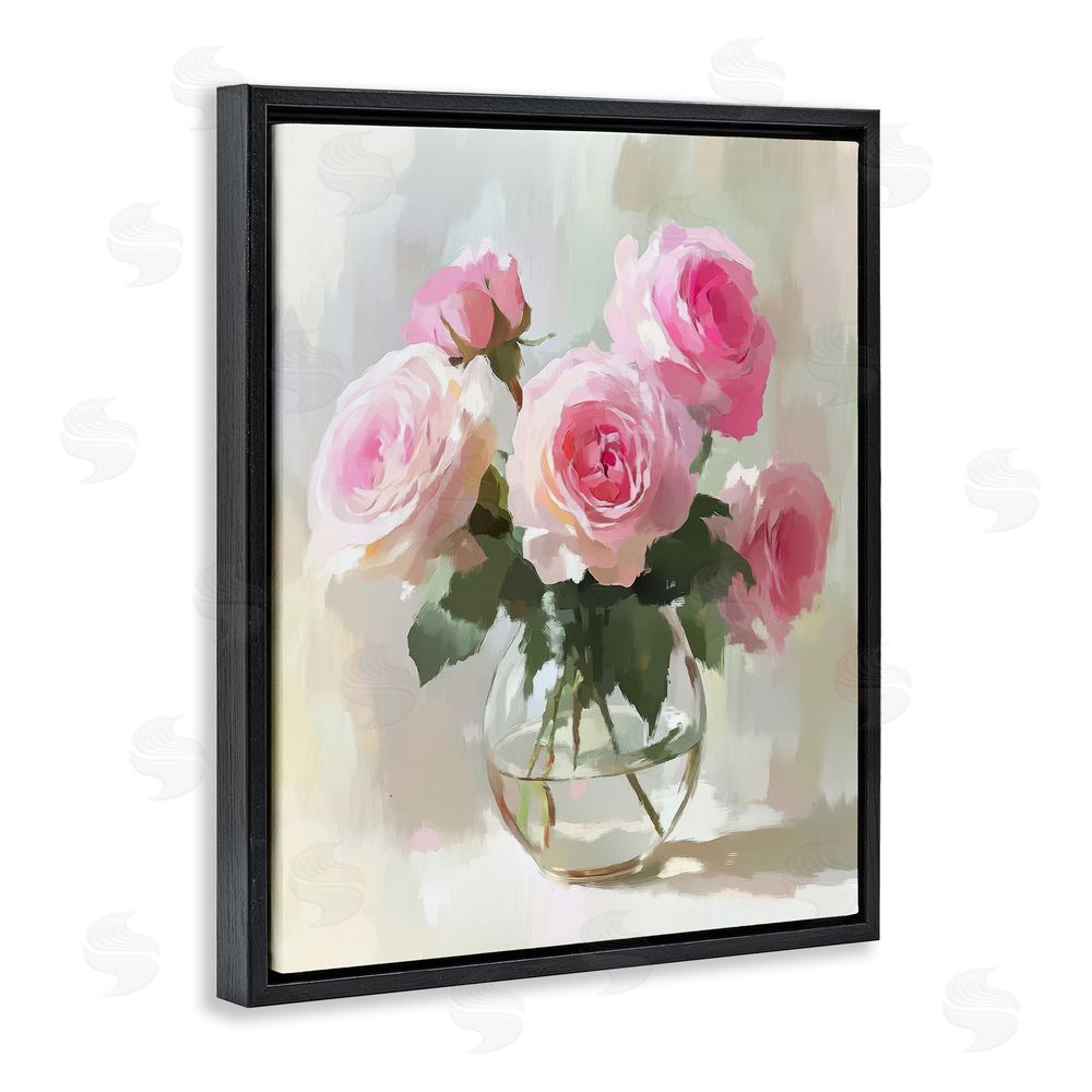 Petal Prints Design Glass Vase Pink Roses Black Floating Frame Canvas Wall Art Print