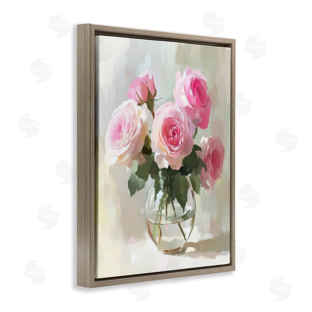 Petal Prints Design Glass Vase Pink Roses Brown Floating Frame Canvas Wall Art Print