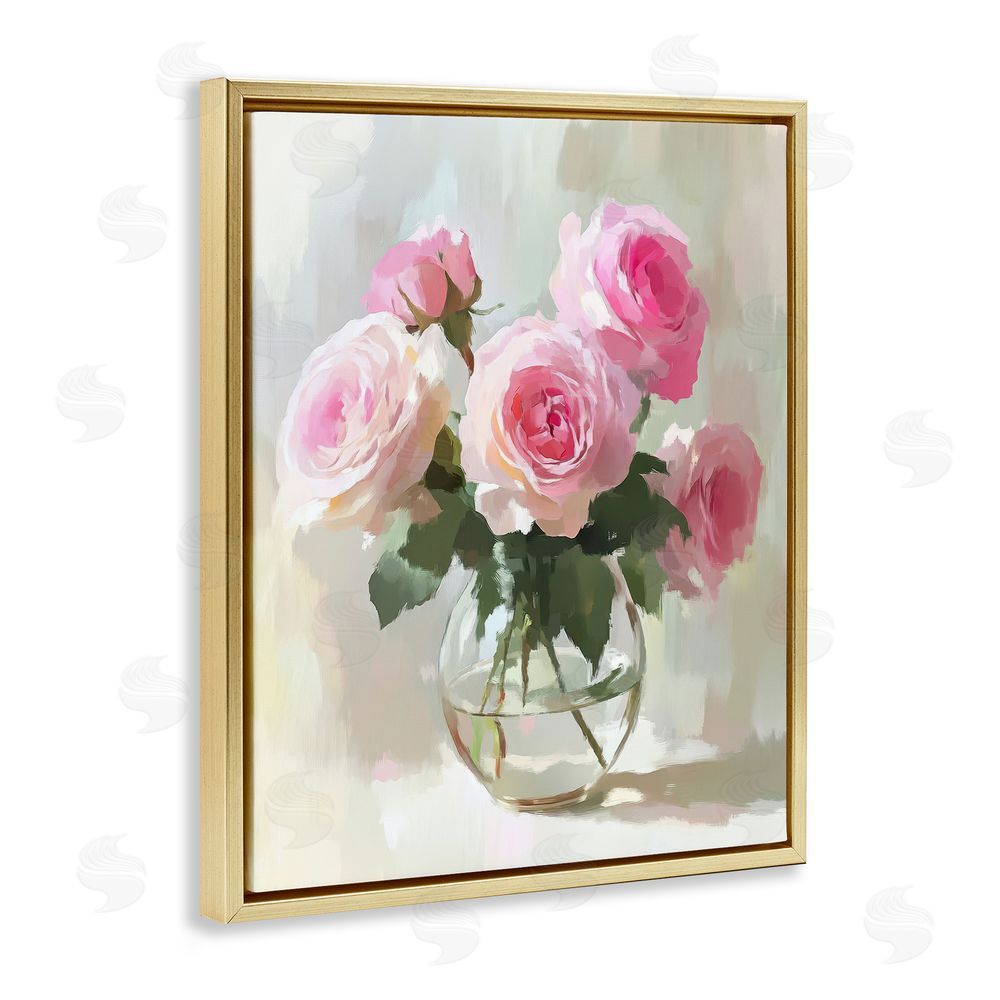 Petal Prints Design Glass Vase Pink Roses Gold Floating Frame Canvas Wall Art Print