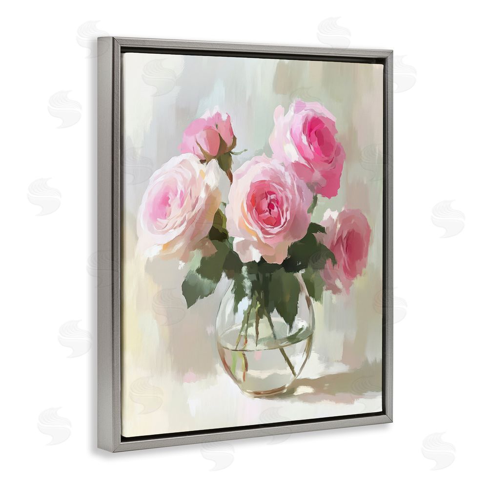 Petal Prints Design Glass Vase Pink Roses Gray Floating Frame Canvas Wall Art Print