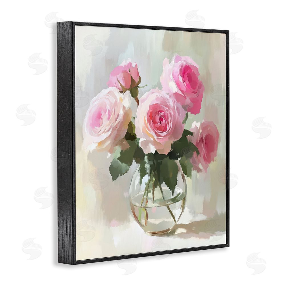 Petal Prints Design Glass Vase Pink Roses Black Framed Giclee Wall Art Print