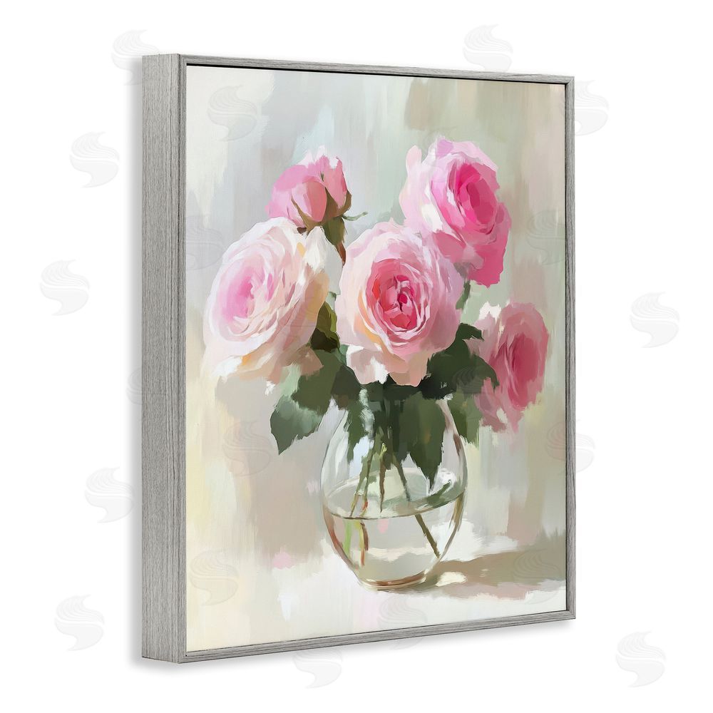 Petal Prints Design Glass Vase Pink Roses Gray Framed Giclee Wall Art Print