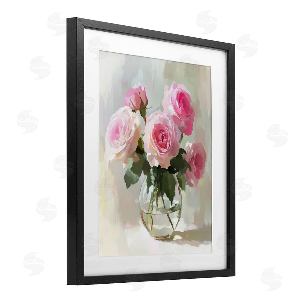 Petal Prints Design Glass Vase Pink Roses Black Framed Print Under Glass with White Mat Wall Art