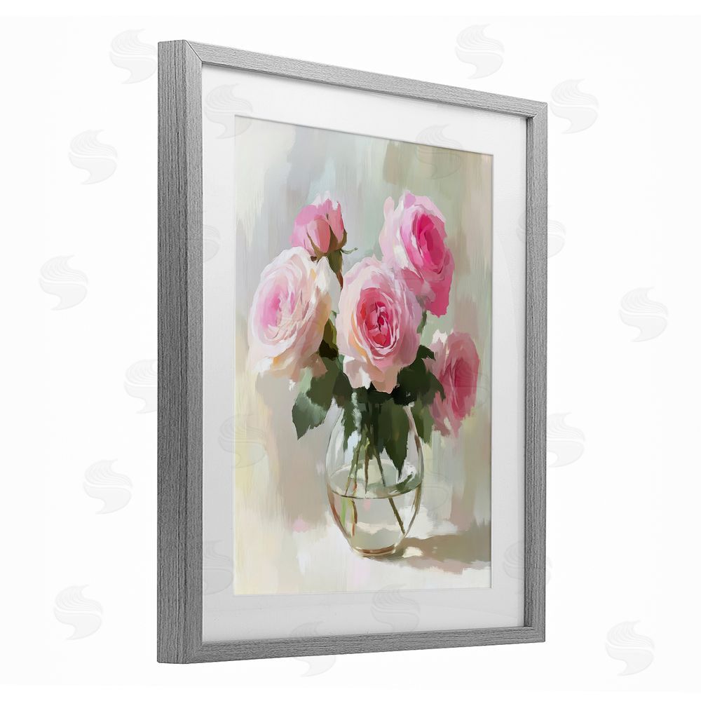 Petal Prints Design Glass Vase Pink Roses Gray Framed Print Under Glass with White Mat Wall Art