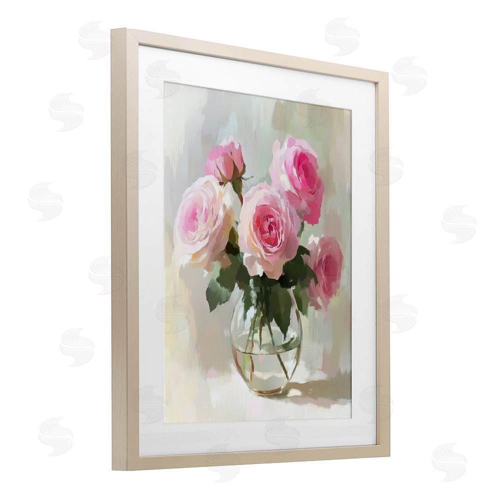 Petal Prints Design Glass Vase Pink Roses Birch Framed Print Under Glass with White Mat Wall Art